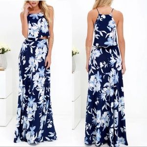 Lulu’s Love for Lanai Navy Blue Floral Print Two-Piece Maxi Dress